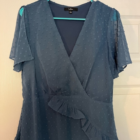 Lulu's Blue Asymmetrical Ruffled Wrap Dress - Picture 4 of 13
